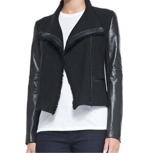 Like New Vince Moto Jacket Lamb Leather Wool Boucle Tweed Scuba in Black